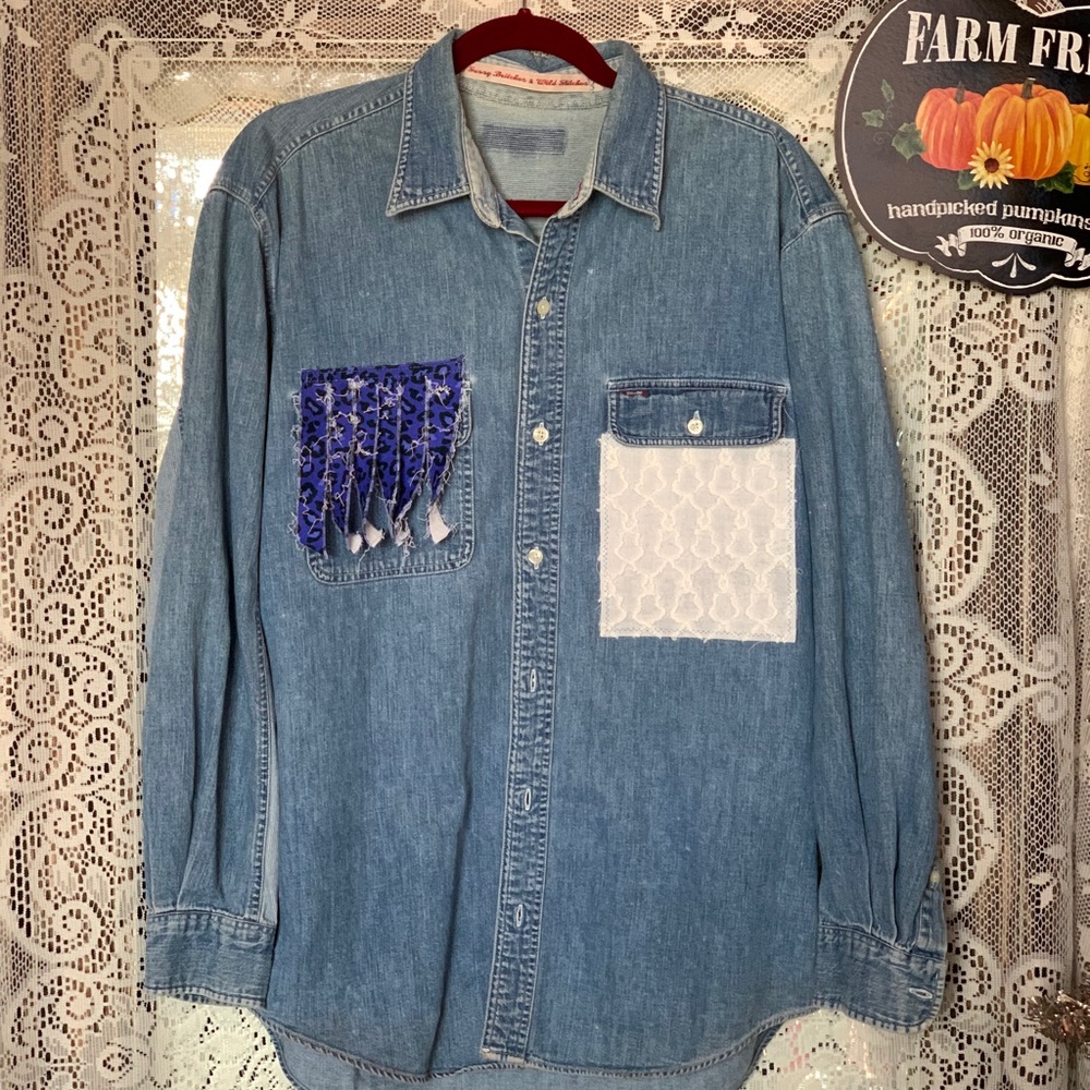 UpCycled Recycled Vintage Denim Shirt Leopard  Fall Pumpkin Boho Y2K Halloween - Picture 2 of 6